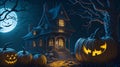 Halloween Day, a haunted mansion and moon scary vibe, pumpkin mask, and horror feeling gives this image