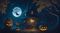 Halloween Day, a haunted mansion and moon scary vibe, witch and bats are flying and image gives a horror feeling