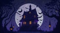 Halloween Day, a haunted mansion and moon scary vibe, witch and bats are flying and image gives a horror feeling