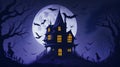 Halloween Day, a haunted mansion and moon scary vibe, witch and bats are flying and image gives a horror feeling