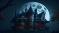 Halloween Day, a haunted mansion and moon scary vibe, witch and bats are flying and image gives a horror feeling