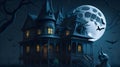 Halloween Day, a haunted mansion and moon scary vibe, witch and bats are flying and image gives a horror feeling