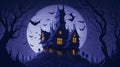 Halloween Day, a haunted mansion and moon scary vibe, witch and bats are flying and image gives a horror feeling