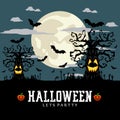 halloween day logo design, vector ghost, tree, pumpkin, spider, bat, grave, hand, moon scary poster