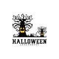 halloween day logo design, vector ghost, tree, pumpkin, spider, bat, grave, hand, moon scary poster Royalty Free Stock Photo