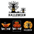 halloween day logo design, vector ghost, tree, pumpkin, spider, bat, grave, hand, moon scary poster Royalty Free Stock Photo