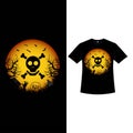 Halloween deadly T-shirt design with a scary skull sign, dead tree silhouette, and gravestones. Halloween scary T-shirt design