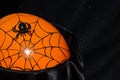 Halloween Decor - Black Spider And Cobwebs On A Solid Orange Background
