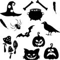 Halloween decor collection, 15 elements - mushrooms, cauldron and raven, pumpkin, hat and bird feather Royalty Free Stock Photo