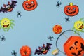 Halloween decor composition on blue background.Copy space Royalty Free Stock Photo