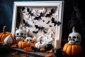 Halloween Decor Concept, Frame Made Of Small Pumpkins, Paper Bats And Skeleton. Generative AI