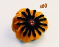 Halloween decor element, pumpkin with scary horror black blot spider, boo, original unusual design Halloween