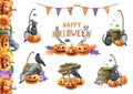 Halloween decor element watercolor illustration set. Hand drawn halloween collection. Scary Jack head pumpkin, black cat