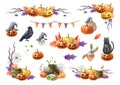 Halloween decor element watercolor illustration set. Hand drawn festive halloween collection. Pumpkin scary faces decor