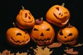 Halloween decor with Jack lantern pumpkins and orange maple leaves Royalty Free Stock Photo