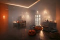 Halloween decorated home interior with costumed figures, neural network generated art