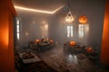 Halloween decorated home interior with costumed figures, neural network generated art