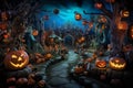 Halloween decorated street with squash and carved pumpkins. Generative AI