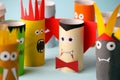 Halloween and decoration concept - monsters from toilet paper tube/ Simple diy creative idea. Eco-friendly reuse recycle decor Royalty Free Stock Photo