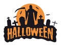 Halloween decoration. Death with scythe in a graveyard with tombstones on the background of an orange full moon. Vector Royalty Free Stock Photo