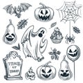Halloween design elements. Vector hand drawn sketch illustration. Holiday pumpkins, tombstone, ghost, bat, spider on web Royalty Free Stock Photo