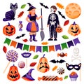 Halloween decoration design elements set. Vector flat cartoon illustration. Pumpkin, candy, black cat, bat, skull icons