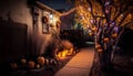 Halloween decoration in front of a house with pumpkins and garland Royalty Free Stock Photo