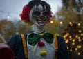 Halloween decoration, grinning clown standing on ghosts background Royalty Free Stock Photo