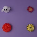 Halloween decoration with pumpkin and flower on a purple background with copy space and spirit without shadow. Flat lay scene