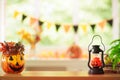 Halloween decoration. Pumpkin lantern. Autumn leaf