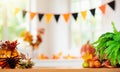 Halloween decoration. Pumpkin lantern. Autumn leaf