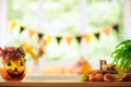 Halloween decoration. Pumpkin lantern. Autumn leaf