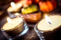 Halloween Decoration With Three Candlelights, Chocolate And Pumpkins On Slate