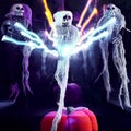 Halloween decoration three skeletons in a multicolored cape decorated with a garland of glowing pumpkins and spiders. The light of