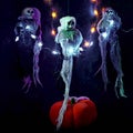 Halloween decoration three skeletons in a multicolored cape decorated with a garland of glowing pumpkins and spiders. There is a