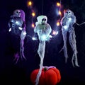 Halloween decoration three skeletons in a multicolored cape decorated with a garland of glowing pumpkins and spiders. There is a