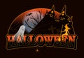Halloween decorations. Background with castle, bats and ghost and young witch. Vector