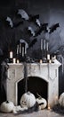 a white fireplace with halloween decorations and candles Royalty Free Stock Photo