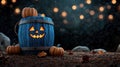 Halloween decorations with a cheerful pumpkin barrel and glowing ambiance Royalty Free Stock Photo