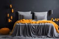 Halloween decorations in bedroom with black skulls, pumpkins. Modern interior. Generative AI