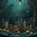 Halloween style setting, dark, dreary, interior design. Created using ai generative.