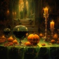 Halloween style setting, dark, dreary, interior design. Created using ai generative.