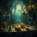 Halloween style setting, dark, dreary, interior design. Created using ai generative.
