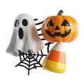 Halloween decorations isolated on white background featuring a ghost, pumpkin and candy corn Royalty Free Stock Photo