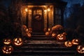 Halloween decorations on the porch of an old house exterior, jack o lantern pumpkins, abandoned place, night, autumn nature