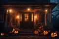 Halloween decorations on the porch of an old house exterior, jack o lantern pumpkins, abandoned place, night, autumn nature