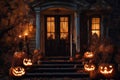 Halloween decorations on the porch of an old house exterior, jack o lantern pumpkins, abandoned place, night, autumn nature