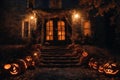 Halloween decorations on the porch of an old house exterior, jack o lantern pumpkins, abandoned place, night, autumn nature