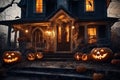 Halloween decorations on the porch of an old house exterior, jack o lantern pumpkins, abandoned place, night, autumn nature