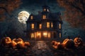 Halloween decorations on the porch of an old house exterior, jack o lantern pumpkins, abandoned place, night, autumn nature